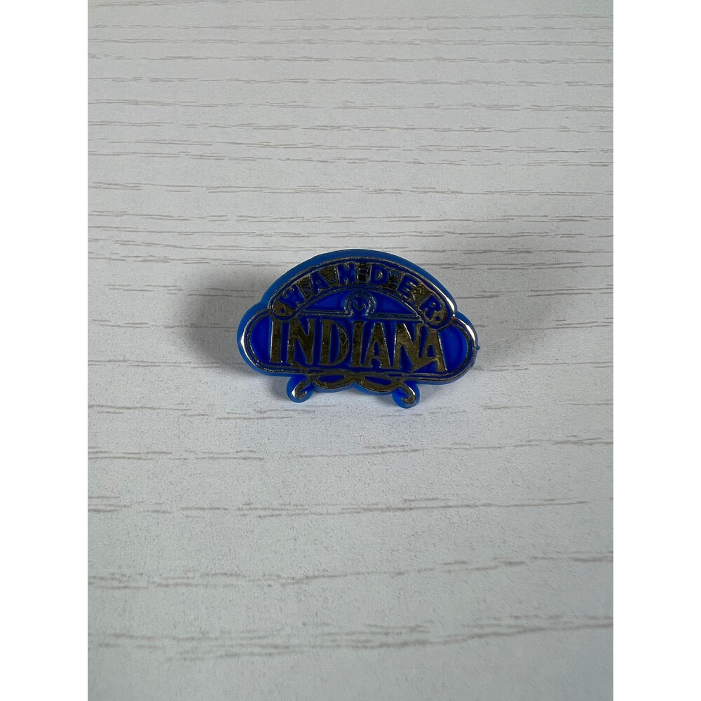 Vintage 80s Wander Indiana Blue Plastic with Metallic Lettering Pin Back Button